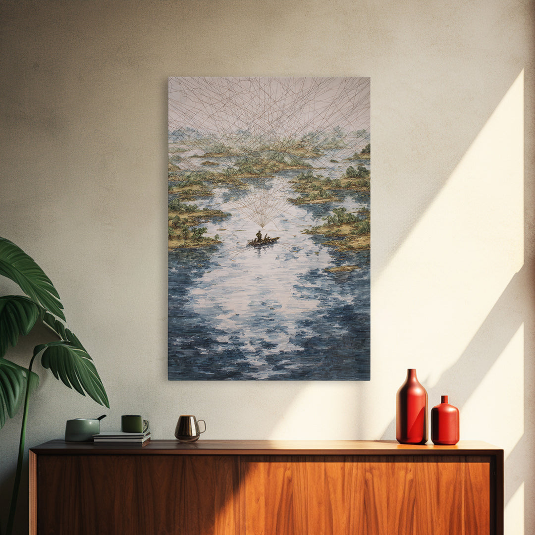 River Delta Boat And Map Lines Framed Canvas Print, African Landscape Wall Decor, Geometric Travel Art, Statement Home Decor
