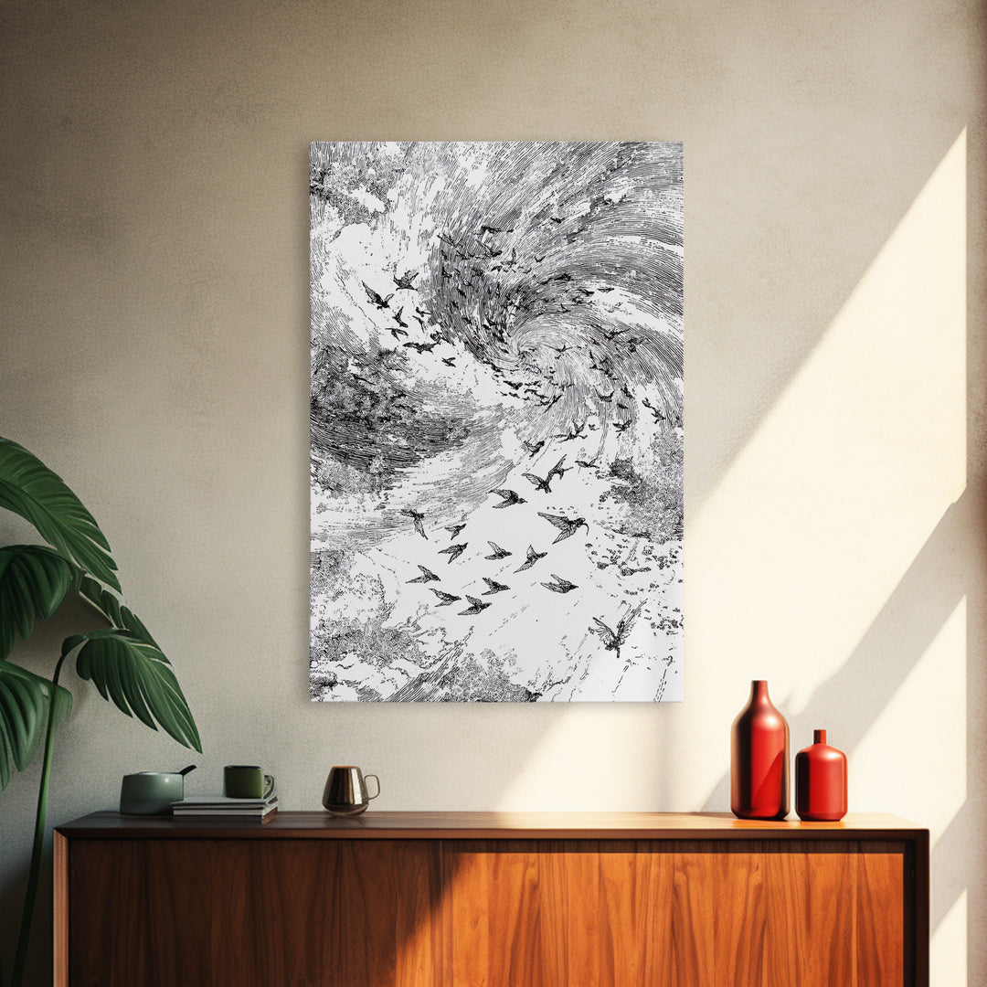 Black And White Bird Flock Storm Wall Art, Abstract African Inspired Nature Sketch, Minimalist Canvas Decor, Modern Office Gift