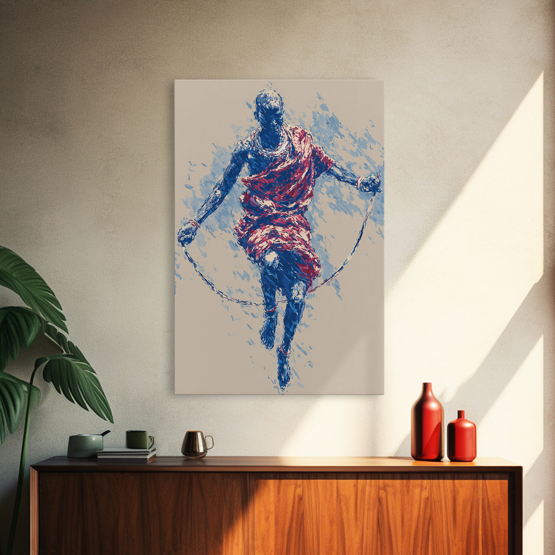 Maasai Warrior Jump Rope Dance Wall Art, African Tribal Art Print, Red Blue Athletic Portrait, Cultural Home Decor Gift For Him