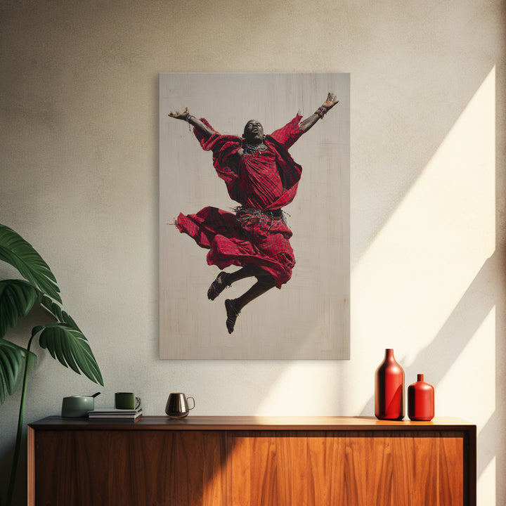 Joyful Maasai Dancer Leaping In Red Framed Canvas Print, African Warrior Art, Cultural Portrait, Bold Living Room Decor Gift