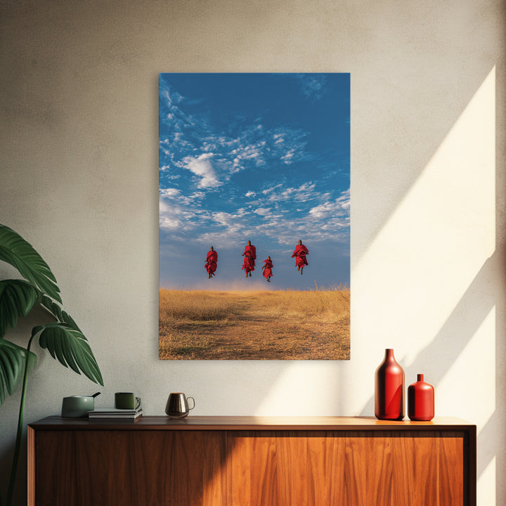 Four Maasai Warriors Jumping Over Savanna Wall Art, African Safari Art Print, Blue Sky Landscape, Cultural Home Decor Gift