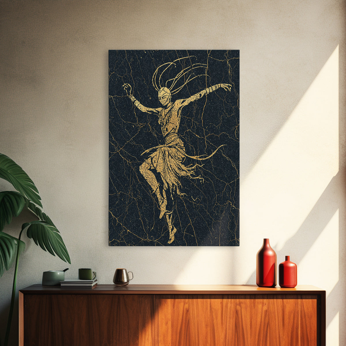 Gold Tribal Dancer On Black Cracked Texture Canvas Print, African Mask Art, Elegant Abstract Wall Decor, Spiritual Home Gift