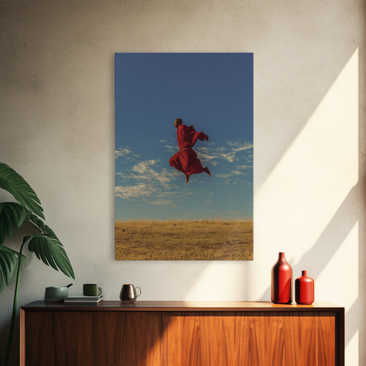 Solo Maasai Warrior Leaping Above Golden Grass Wall Art, African Safari Portrait, Red Robe Landscape, Cultural Decor Gift