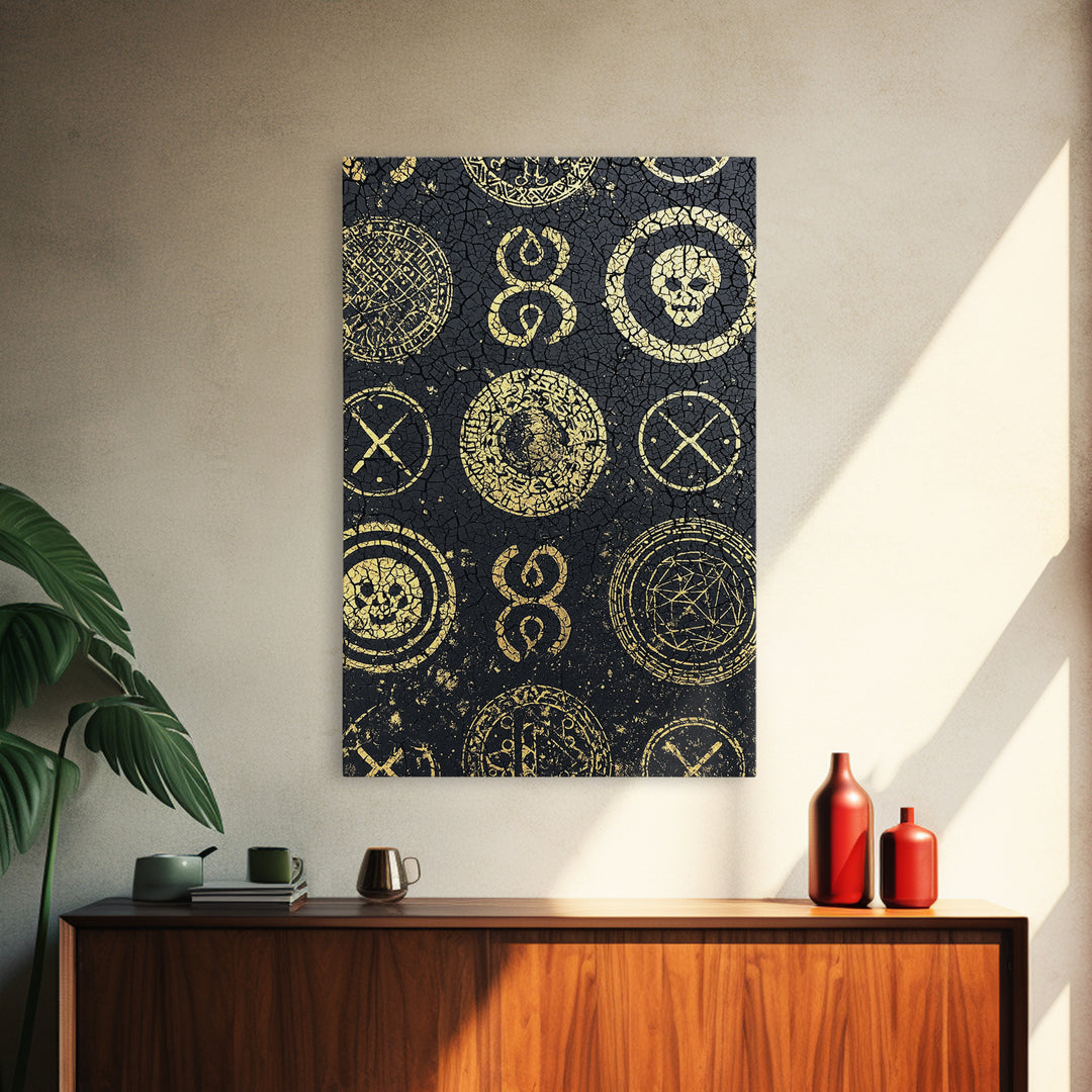 Gold Tribal Symbols And Skulls On Black Texture Canvas Print, African Abstract Wall Art, Mystical Pattern Home Decor Gift