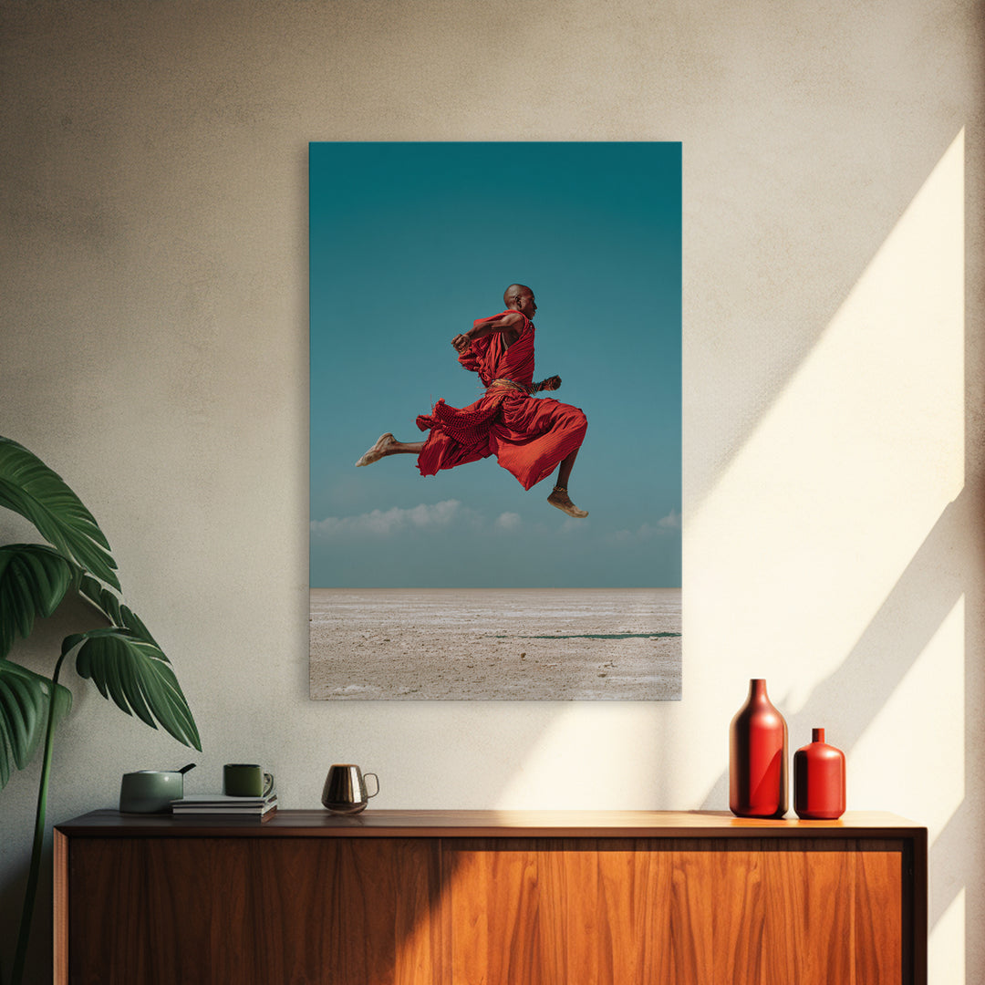 Leaping Maasai Warrior Canvas Print, African Wall Art, Red Robe Desert Photography, Tribal Decor For Living Room Wall Decor