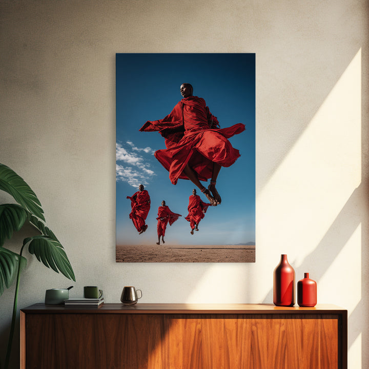 Maasai Warriors Jumping Framed Canvas Print, African Wall Art, Red Robe Tribal Decor, Safari Photography For Home Wall Decor