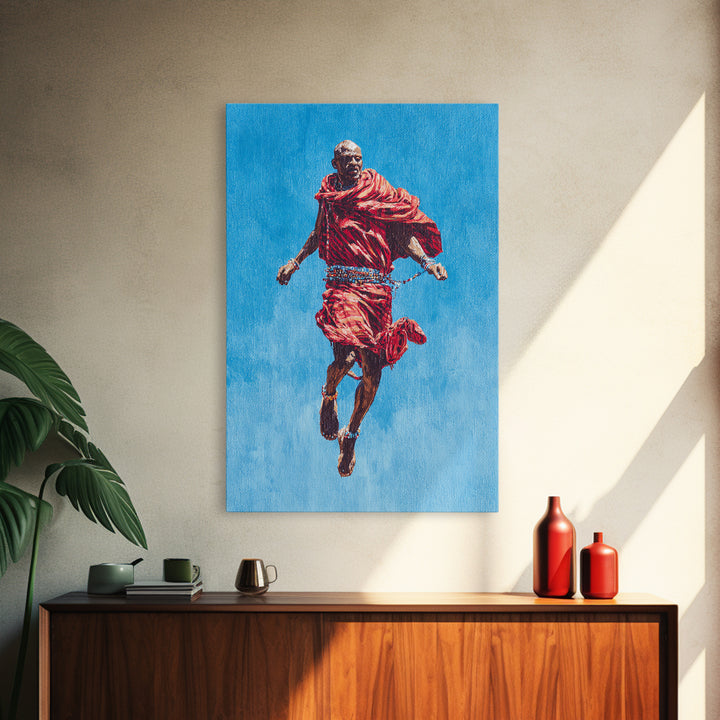 Painted Maasai Warrior Jump Wall Art, African Acrylic Art, Red Robe Tribal Portrait, Afrocentric Canvas Print Decor Gift