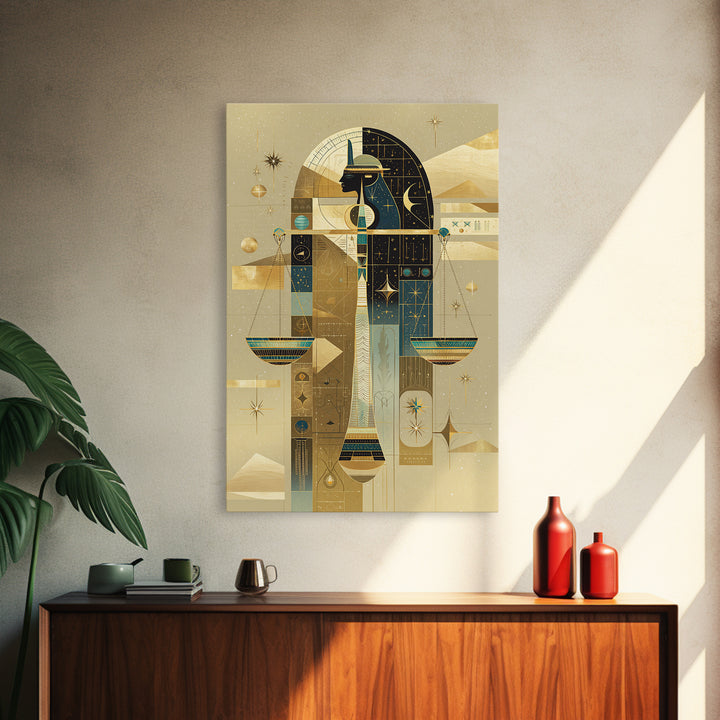 Anubis And Scales Framed Canvas Print, African Egyptian Art, Gold Black Wall Art, Mystical Spiritual Home Decor Gift For Her