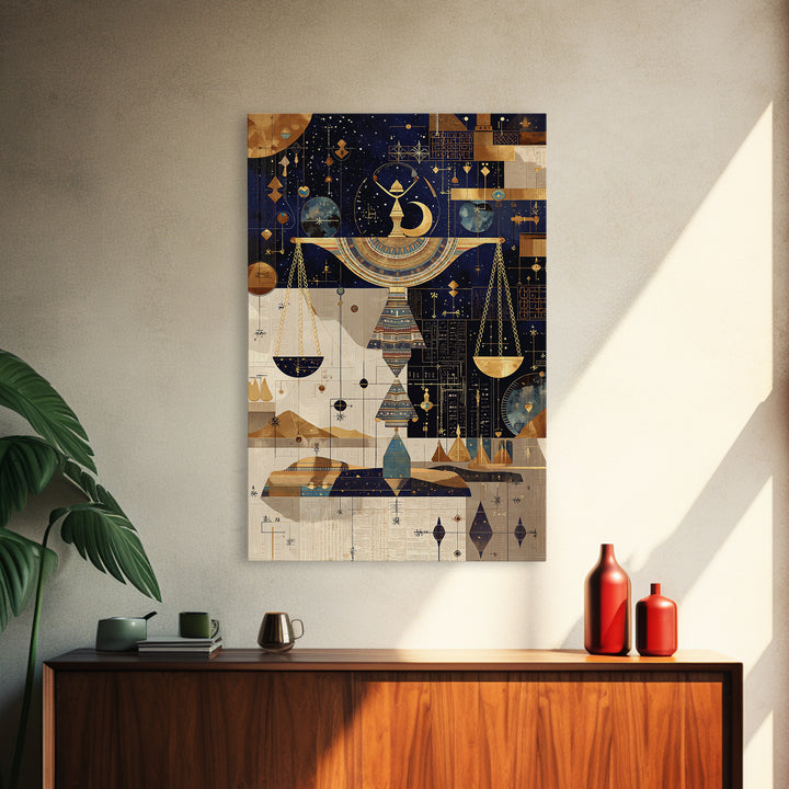 Celestial Egyptian Scales Wall Art, African Egyptian Art, Gold Black Mystical Canvas Print, Spiritual Home Decor Gift Idea