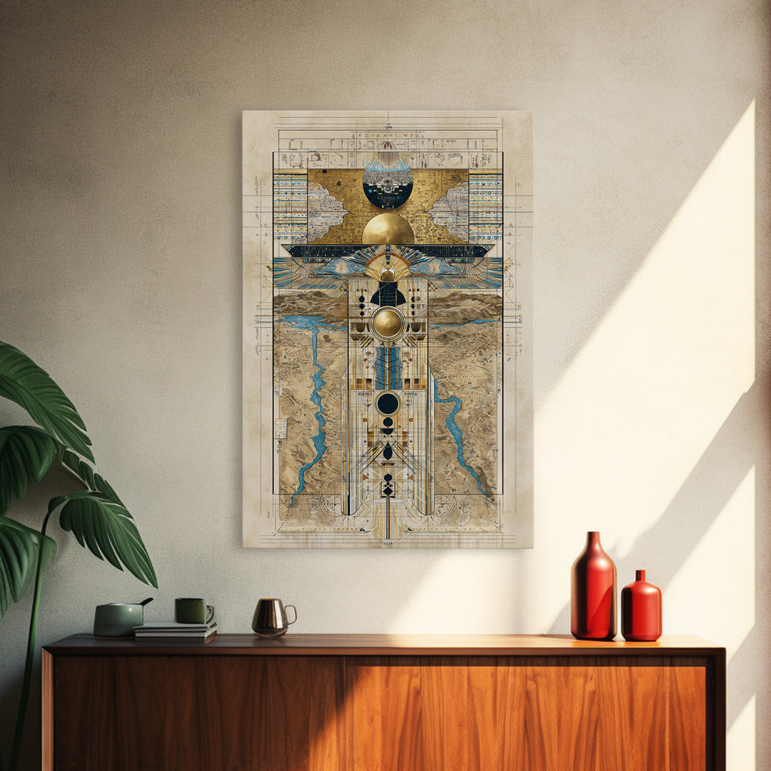 Egyptian Sacred Geometry Totem Canvas Print, African Egyptian Wall Art, Gold Blue Map Decor, Mystical Ancestral Poster Print