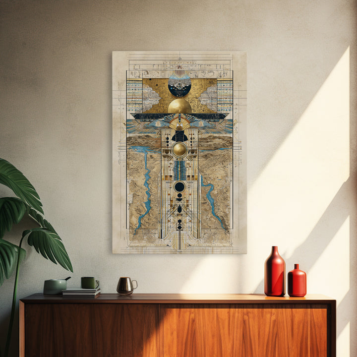 Egyptian Sacred Geometry Totem Canvas Print, African Egyptian Wall Art, Gold Blue Map Decor, Mystical Ancestral Poster Print