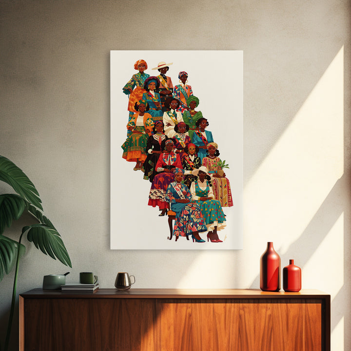 Elegant African Women Fashion Ensemble Framed Canvas Print, Ankara Wall Art, Black Queens Decor, Afrocentric Statement Gift