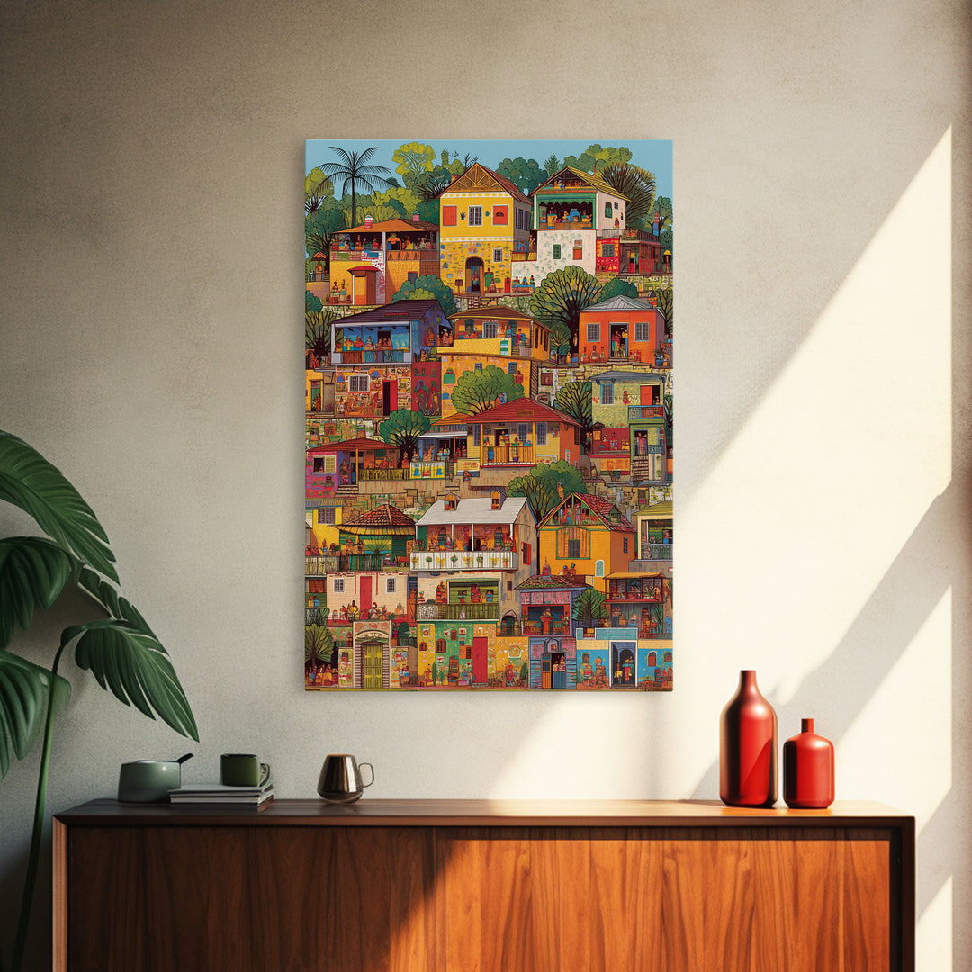 Colorful African Hillside Village Wall Art, Urban Home Scene Print, Tropical Architecture Decor, Vibrant Cultural Canvas