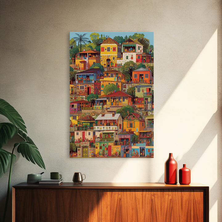 Colorful African Hillside Village Wall Art, Urban Home Scene Print, Tropical Architecture Decor, Vibrant Cultural Canvas