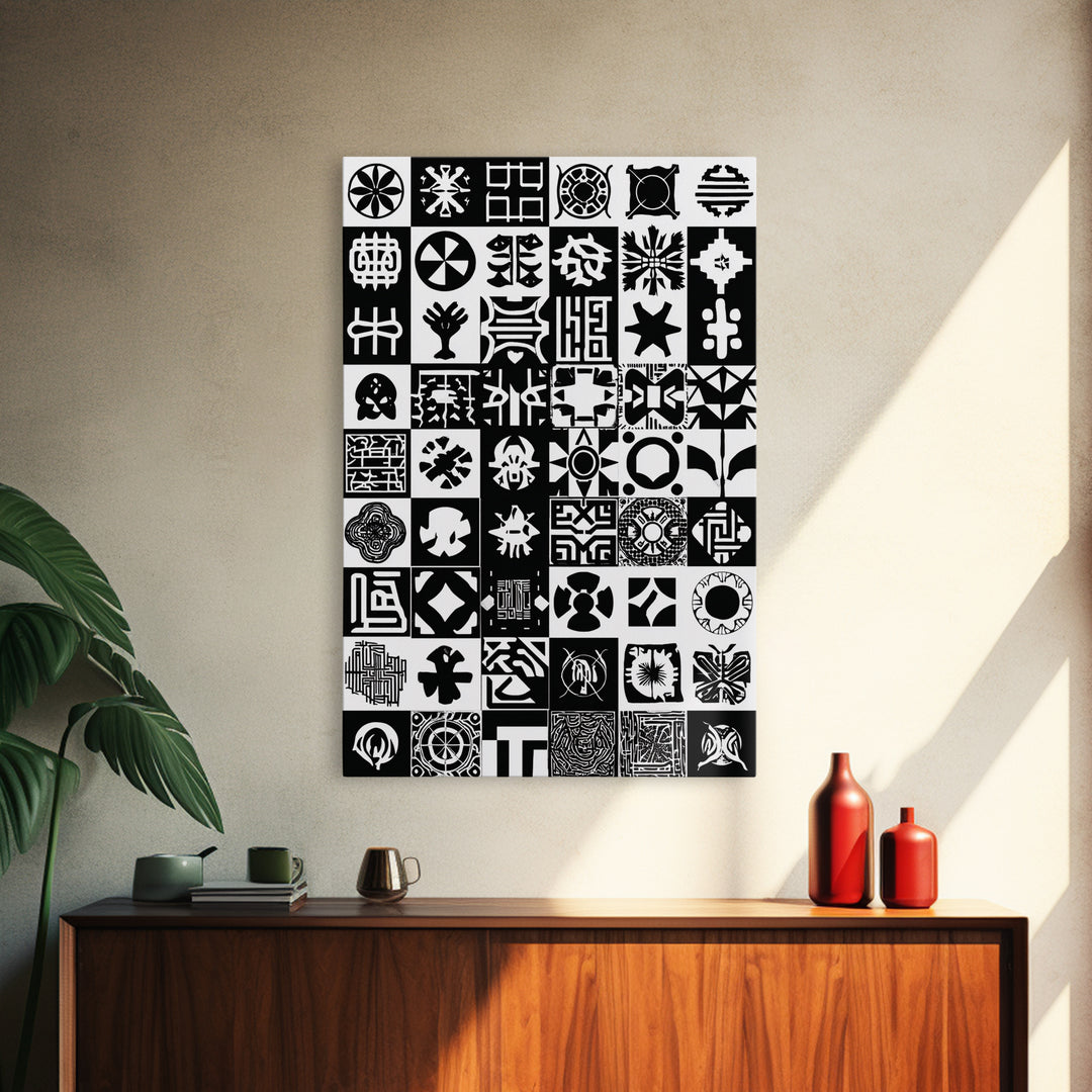 Black White African Symbols Wall Art, Adinkra Pattern Canvas Print, Tribal Art Decor, African Fabric Inspired Home Decor
