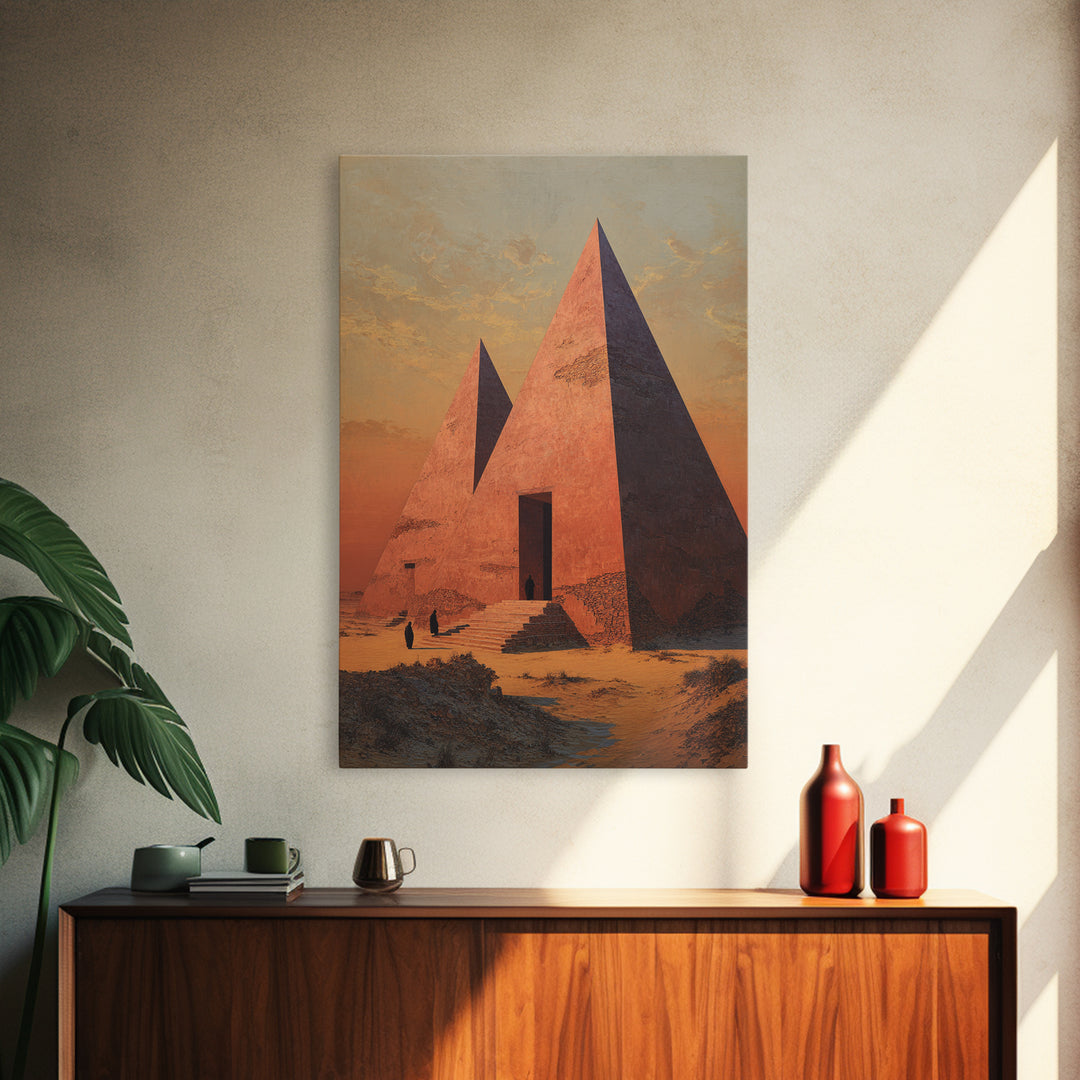 Sunset Egyptian Pyramids Framed Canvas Print, Ancient African Art, Desert Landscape Wall Decor, Cultural Home Decor Gift