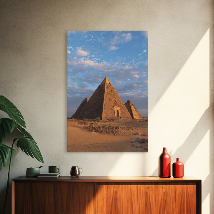Nubian Pyramids Under Blue Sky Canvas Print, African Landscape, Sudan Travel Art, Desert Wall Decor, Ready To Hang Home Decor Art