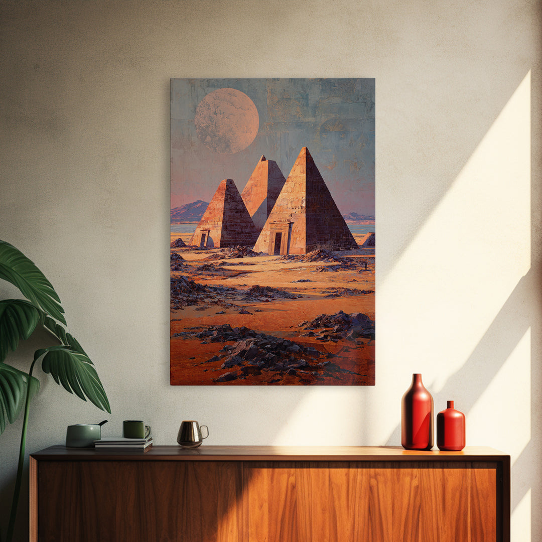 Moonlit Nubian Pyramids Framed Canvas Print, African Egyptian Art, Mystical Desert Wall Decor, Cultural Artwork, Home Decor Gift