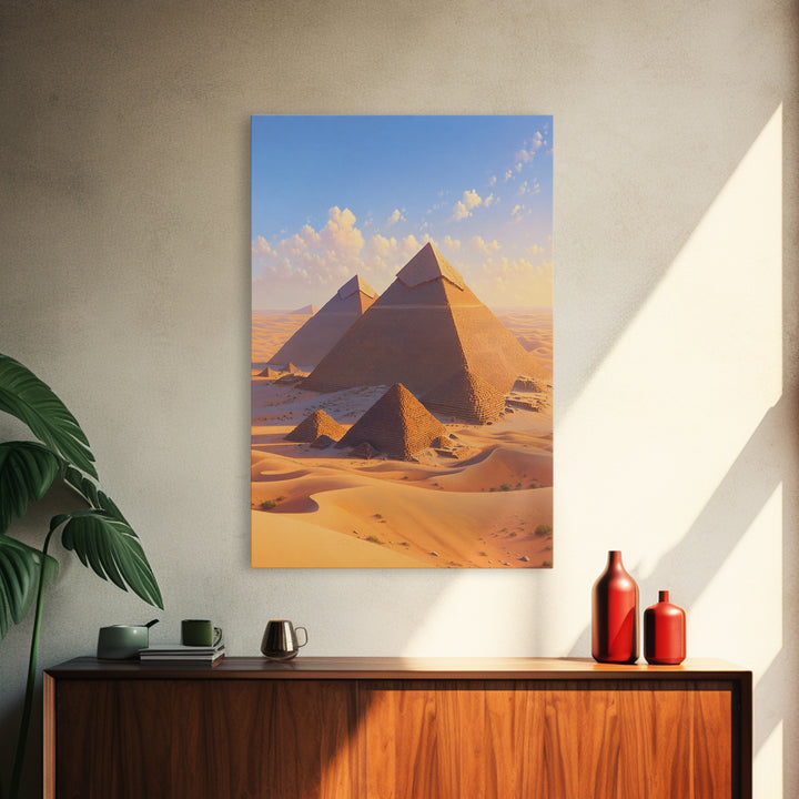 Golden Giza Pyramids In Desert Dunes Framed Canvas Print, African Egyptian Art, Ancient African Wall Decor Gift, Travel Poster
