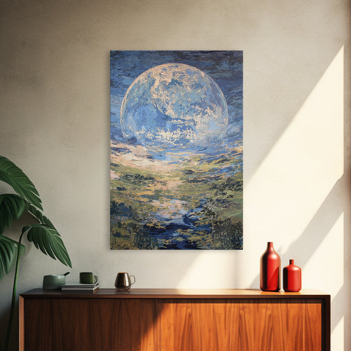 Dreamy Blue Moon Over Ocean Canvas Print, Abstract Landscape Wall Art, Modern Art Poster, Nature Scene Art, Large Decor Gift