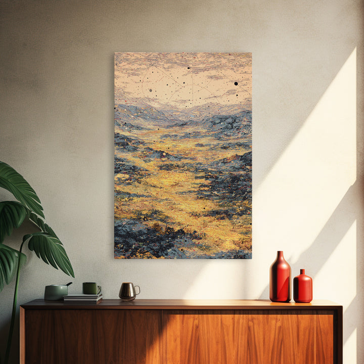 Golden Celestial Valley Framed Canvas Print, Dreamy Wall Art, Abstract Landscape, Spiritual Wall Decor, Modern Art Poster Gift