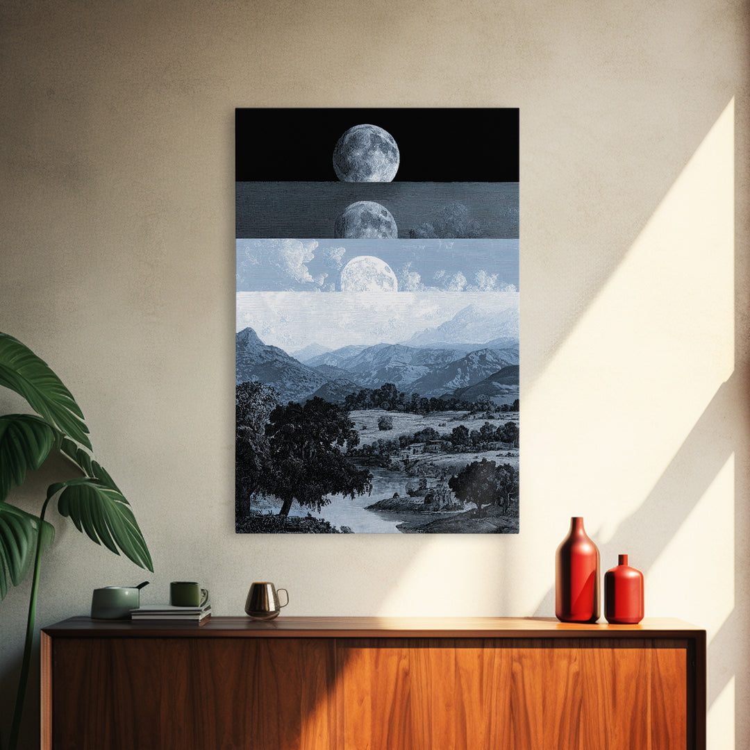 Black And White Moonrise Mountain Wall Art, Large Landscape Canvas Print, Minimalist Art, Modern Wall Decor, Blue Nature Scene Art Gift
