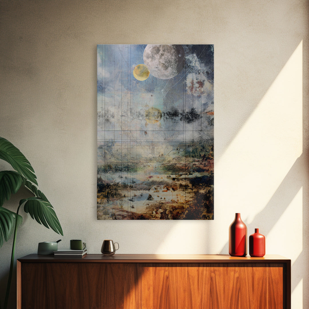 Surreal Lunar Seascape With Pale Moons And Fine Line Geometry Wall Art, Dreamy Abstract Landscape, Modern Blue Home Decor