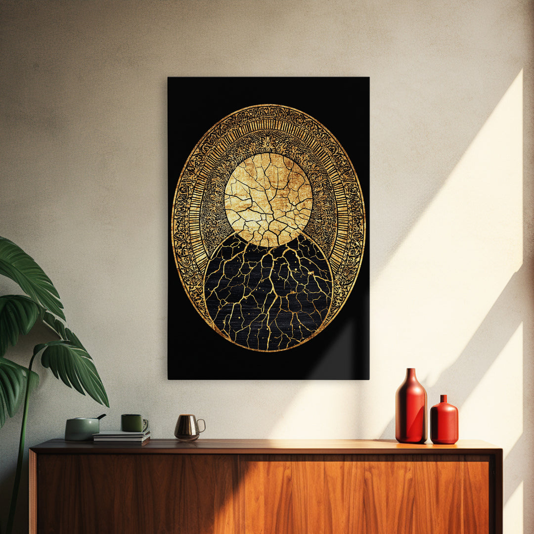 Gold Kintsugi Sun Moon Oval On Black Canvas Print, Spiritual Geometric Art, Luxury Abstract Decor, Mystical Celestial Gift