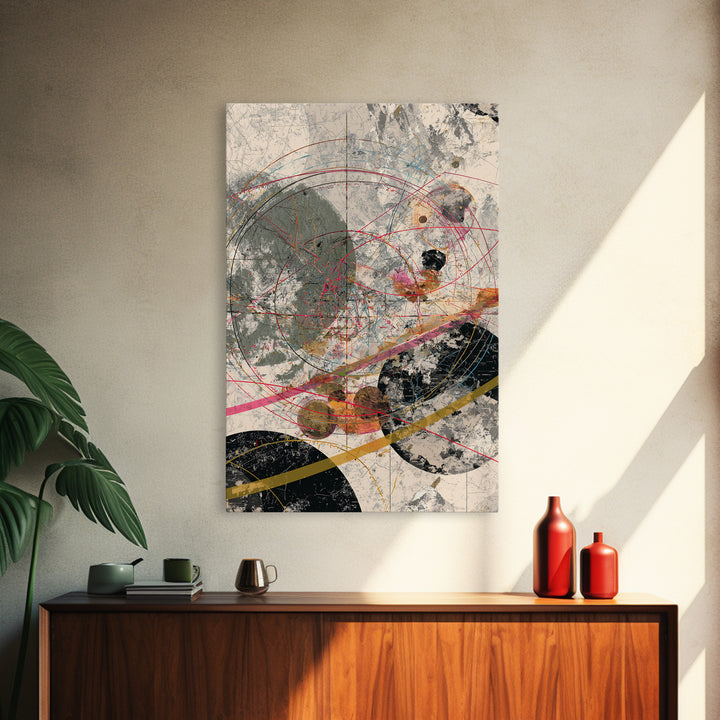 Orbit Circles With Red Lines And Gray Texture Framed Canvas Print, Abstract Geometric Wall Decor, Modern Office Art Gift