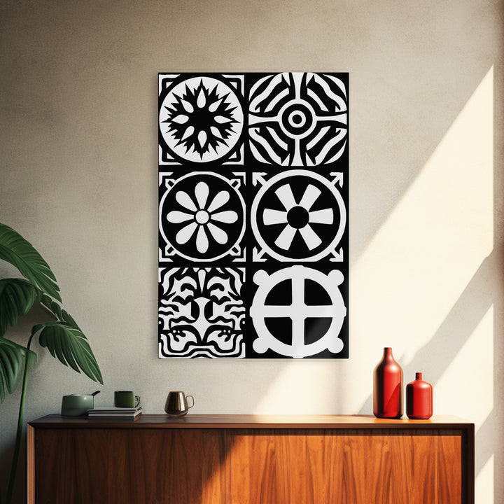 Bold Black And White Tribal Pattern Panels Wall Art, Modern Geometric Abstract Print, Minimalist Boho Unique Home Decor Gift