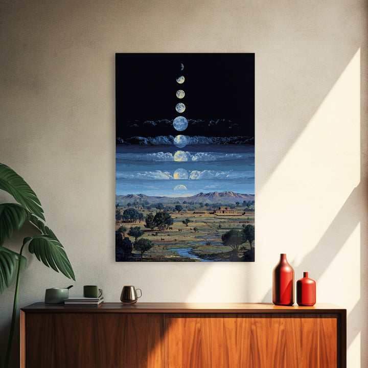 Blue Moon Phases Over African Savanna Landscape Wall Art, Spiritual Safari Decor, Mystical Nature Scene For Living Room Gift