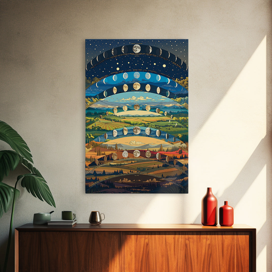 Layered Moon Phase Landscape With Rolling Fields Canvas Print, Dreamy Nature Wall Decor, Modern Boho Art For Living Room