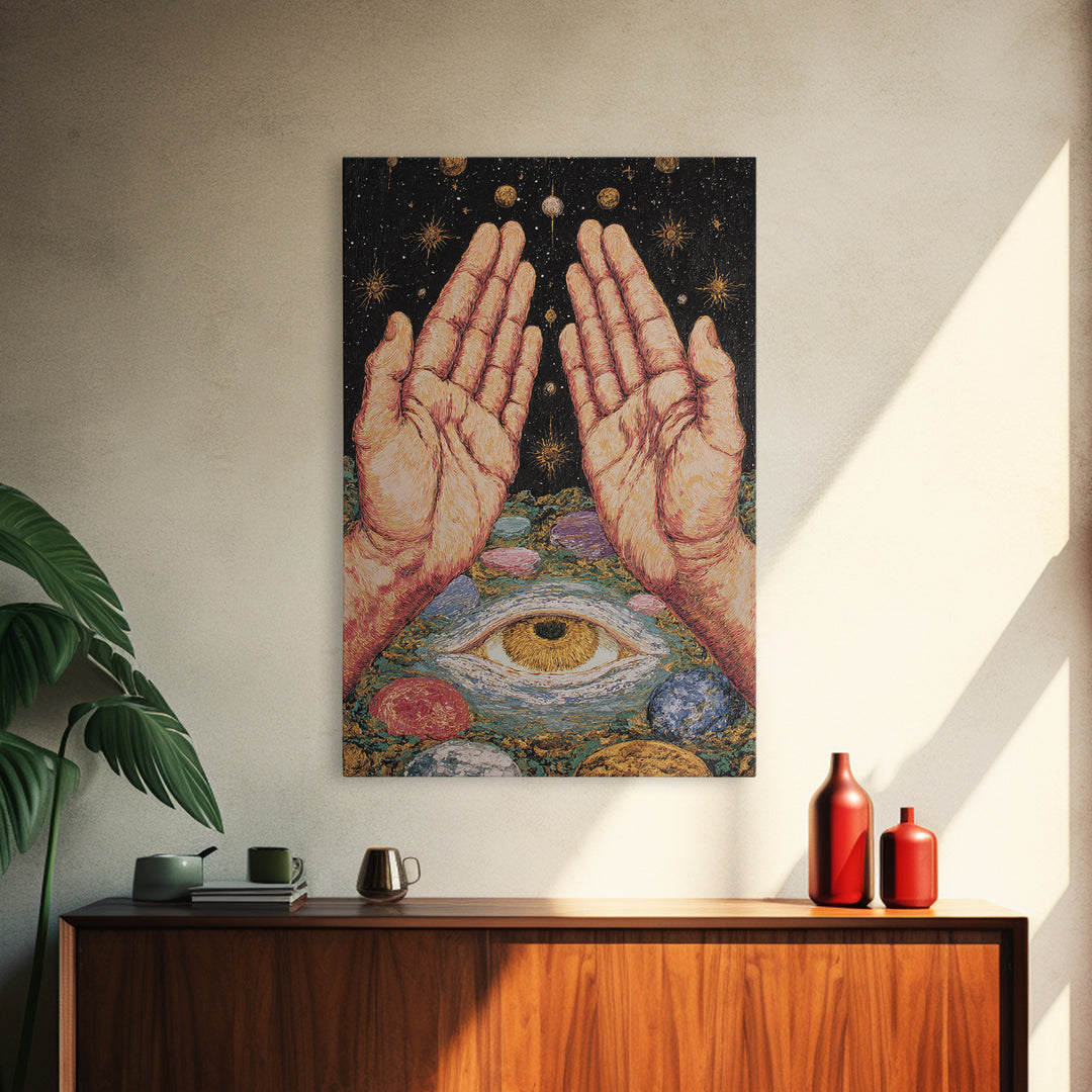Mystic Open Hands Above All Seeing Eye And Planets Wall Art, Spiritual Meditation Decor, Surreal Occult Unique Home Art Gift