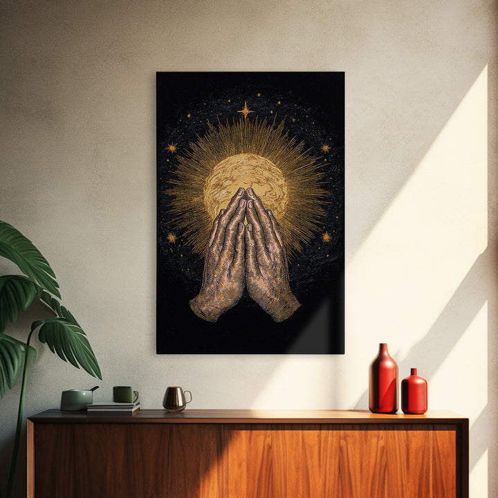 Praying Hands Holding Golden Radiant Sun On Black Canvas Print, Spiritual Wall Decor, Meditation Art Gift For Sacred Home