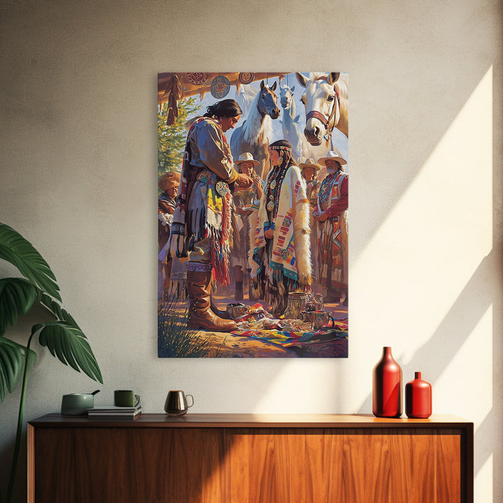 Indigenous Horse Blessing Ceremony Canvas Print, Tribal Cultural Wall Decor, Western Portrait Art, Meaningful Gift For Her
