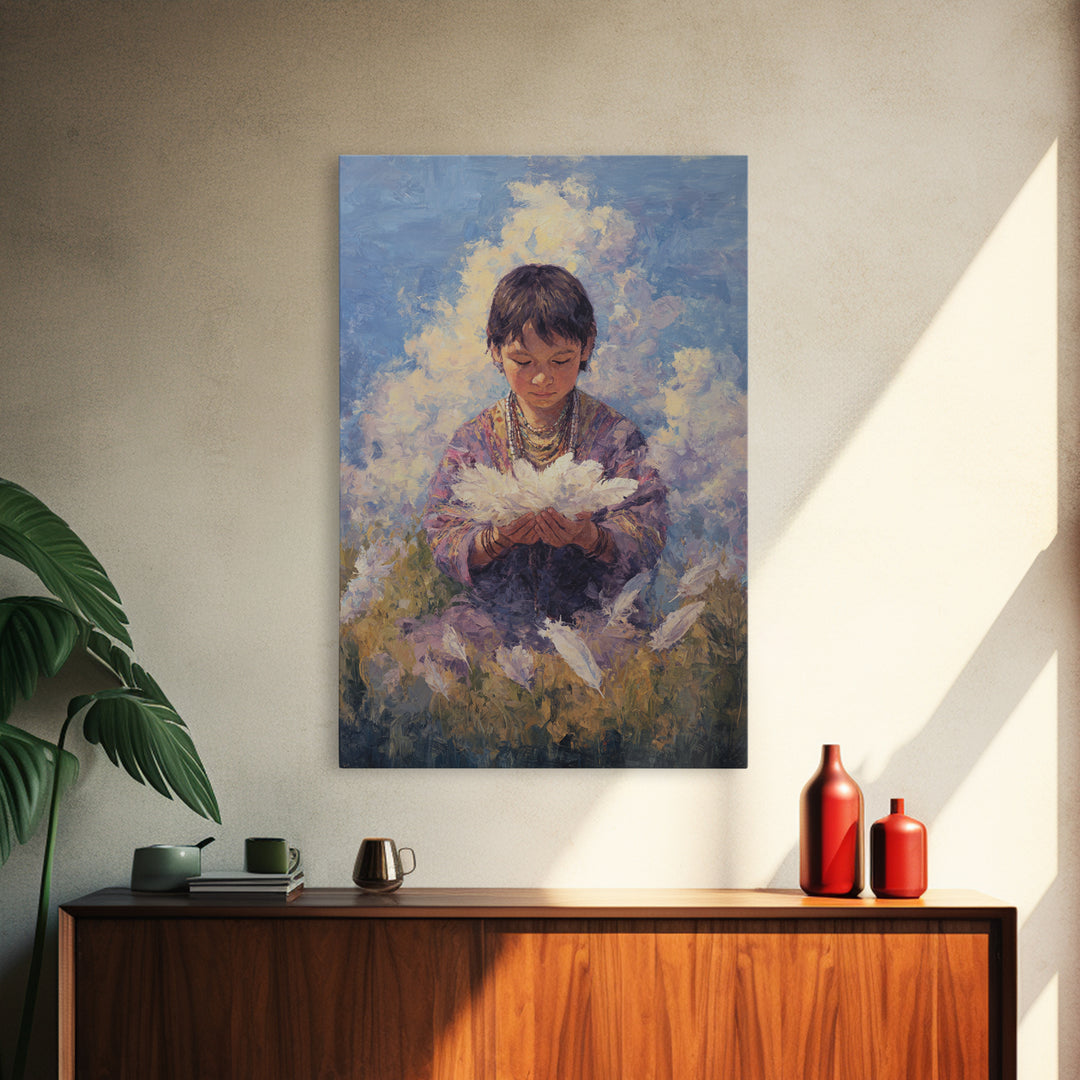 Quiet Child Holding White Feathers Framed Canvas Print, Dreamy Portrait Wall Art, Spiritual Home Decor, Gift For Kids, Soft Blue Painting