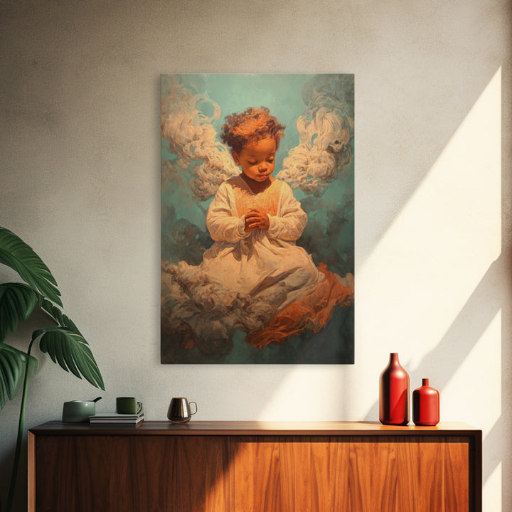 Praying Black Child In Clouds Canvas Print, Angelic Spiritual Wall Art, Dreamy Portrait Decor, Black Beauty Gift For Her
