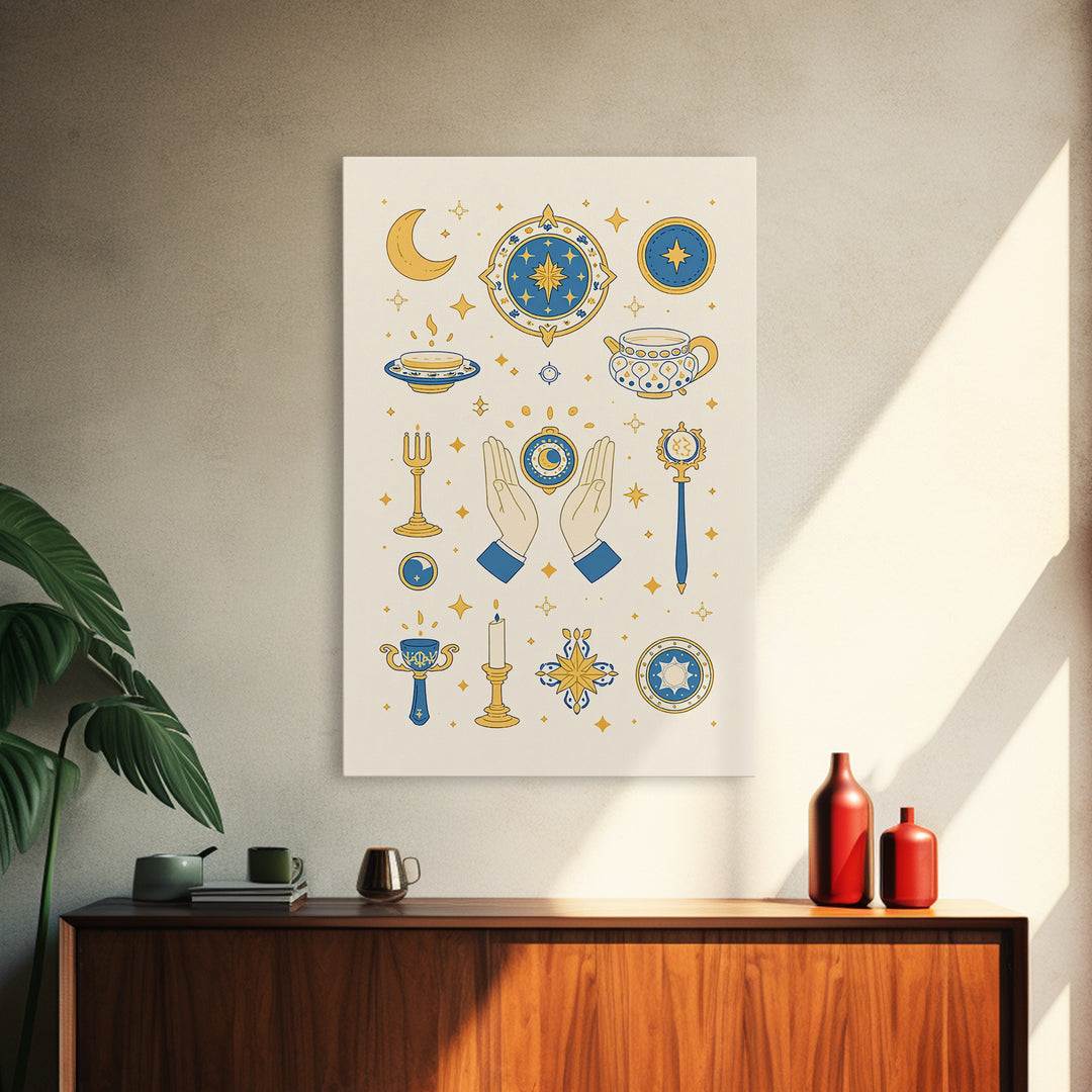 Blue Gold Celestial Symbols With Moon Hands And Stars Wall Art, Mystical Spiritual Boho Decor, Elegant Gallery Canvas Print
