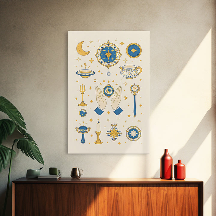 Blue Gold Celestial Symbols With Moon Hands And Stars Wall Art, Mystical Spiritual Boho Decor, Elegant Gallery Canvas Print
