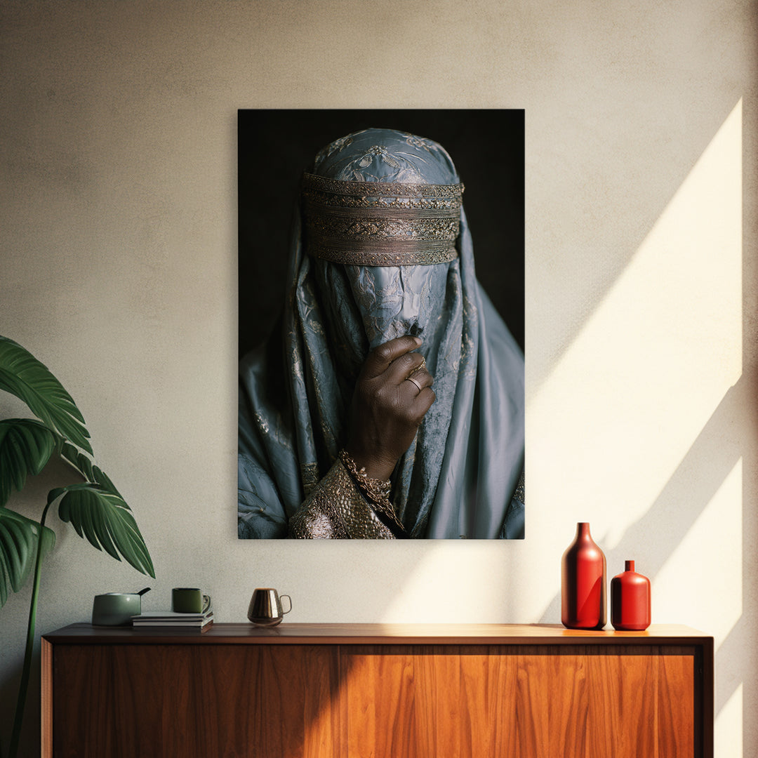 Blue Gold Veiled African Woman Portrait Framed Canvas Print, Luxury Afrocentric Wall Decor, Cultural Photography Fine Art