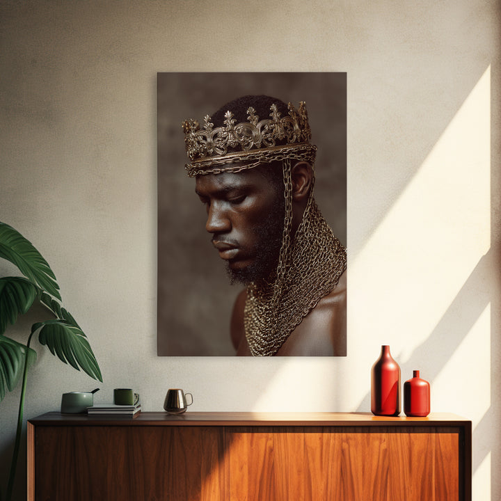 Profile Of Black King In Gold Crown And Chains Wall Art, African American Royal Portrait, Luxury Black Culture Decor Gift