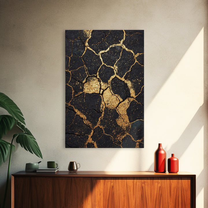 Black And Gold Cracked Earth Abstract Wall Art, Kintsugi Texture Modern Canvas Print, Luxury Earth Tone Statement Home Decor