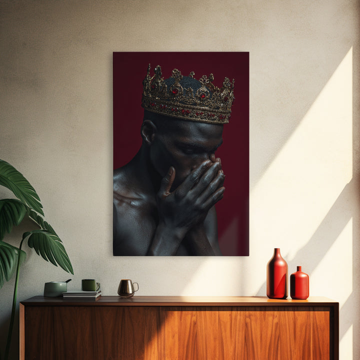 Praying Black King With Ruby Gold Crown Wall Art, African American Royal Portrait, Spiritual Black Culture Home Decor Gift