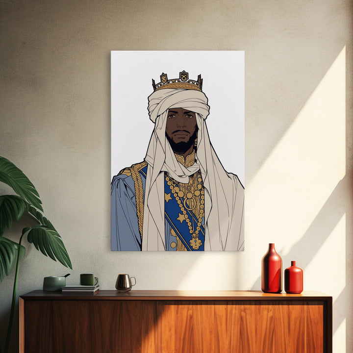 Regal African King In White Turban And Blue Robe Canvas Print, Afrocentric Royal Portrait Wall Art, Cultural Home Decor Gift