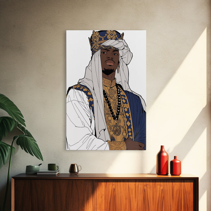 Regal African Prince In Crown White Turban And Blue Robe Framed Canvas Print, Afrocentric Black Royal Portrait Wall Art Decor