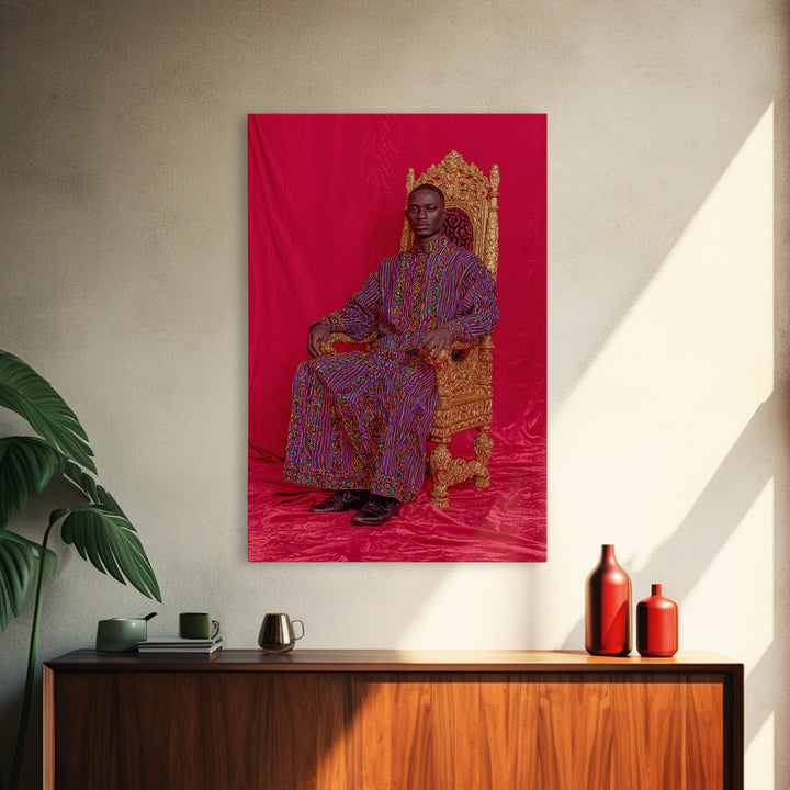Regal African Man On Gold Throne Wall Art, Royal Black Portrait, Afrocentric Decor, African Fabric, Statement Canvas, Living Room Decor