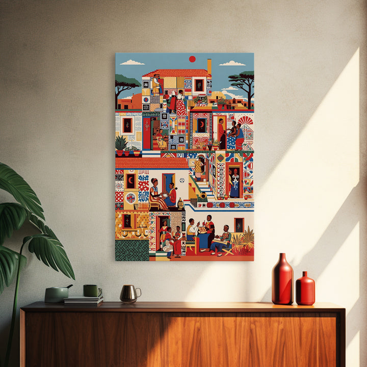 Vibrant African Neighborhood Scene Wall Art, Community Life Canvas Print, Patterned House, Afrocentric Cultural Decor, Gift