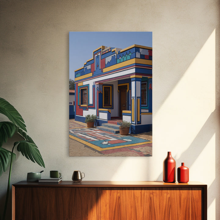 Bright Ndebele Painted Courtyard Framed Canvas Print, African Architecture Wall Art, Geometric Tribal Home Decor Statement Piece