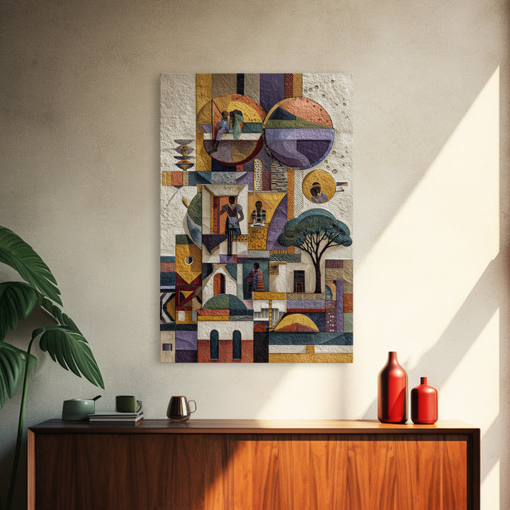 Abstract African Village Collage Canvas Print, Geometric Architecture Wall Art, Textured Cultural Home Decor Gift For Living Room