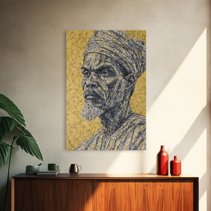 Wise Elder African Portrait Wall Art, Gold Line Drawing, Black History Decor, Afrocentric Cultural Home Decor Meaningful Gift For Him